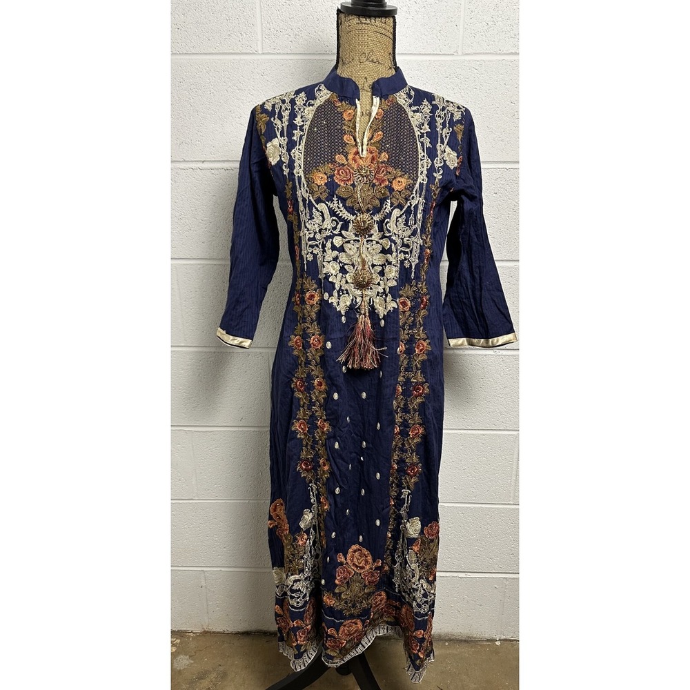 Embroidered‎ Kurta Dress Womens Medium Blue Floral Shalwar Kameez Tassel Ethnic